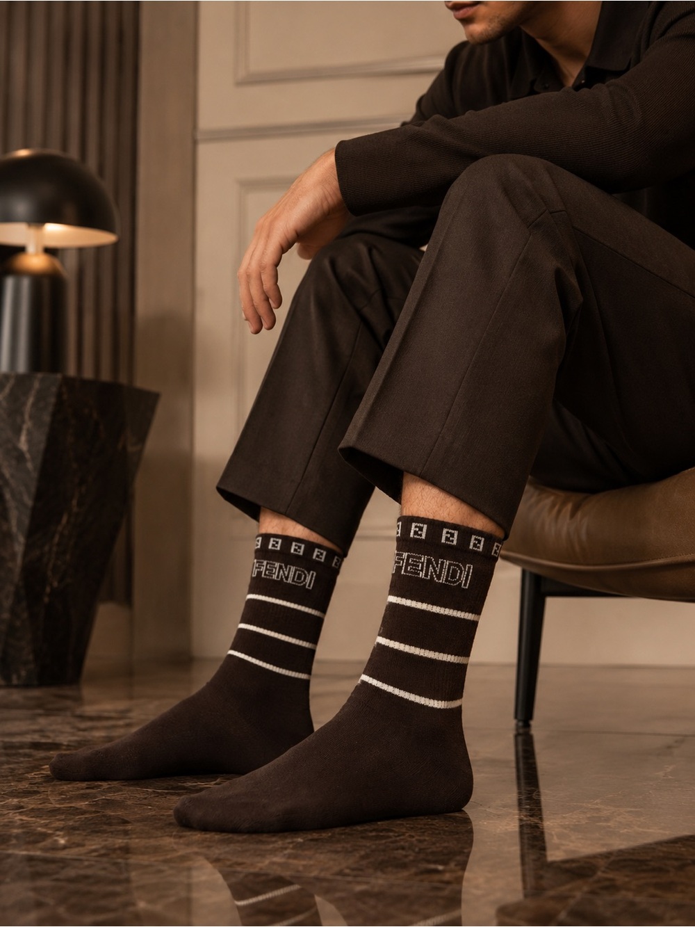 Fendi Brown Crew Socks with Logo and Tan Stripes